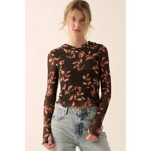 Promessa Black & Brown Floral Sheer Cropped Mesh‎ Hooded Top L